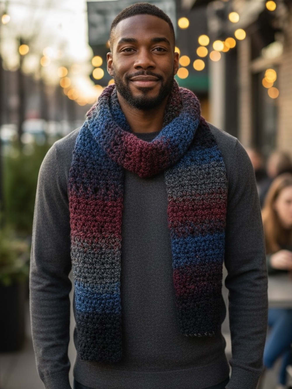 #3944‼️NEW‼️Hand crochet Lightweight Men's Multicolor Scarf - Blue/Gray/Burgundy